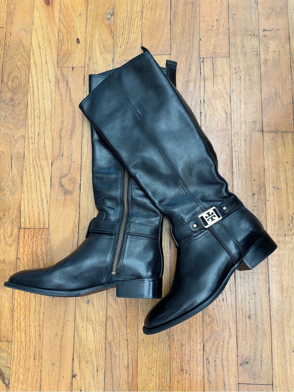 Tory Burch Black Leather Over-the-Knee Riding Boots with Logo Hardware